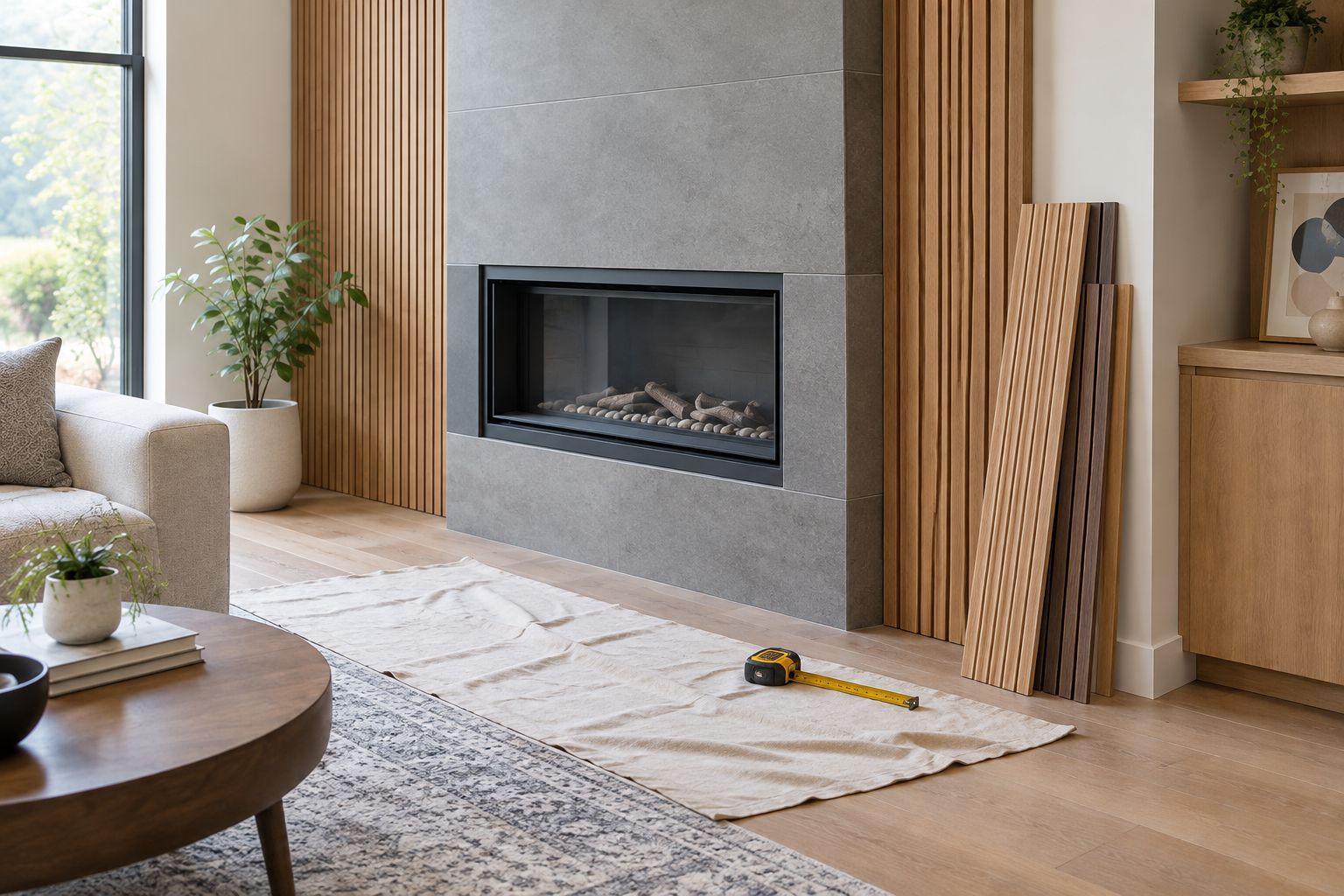 Wood panel samples dry-fitted beside a tiled fireplace surround