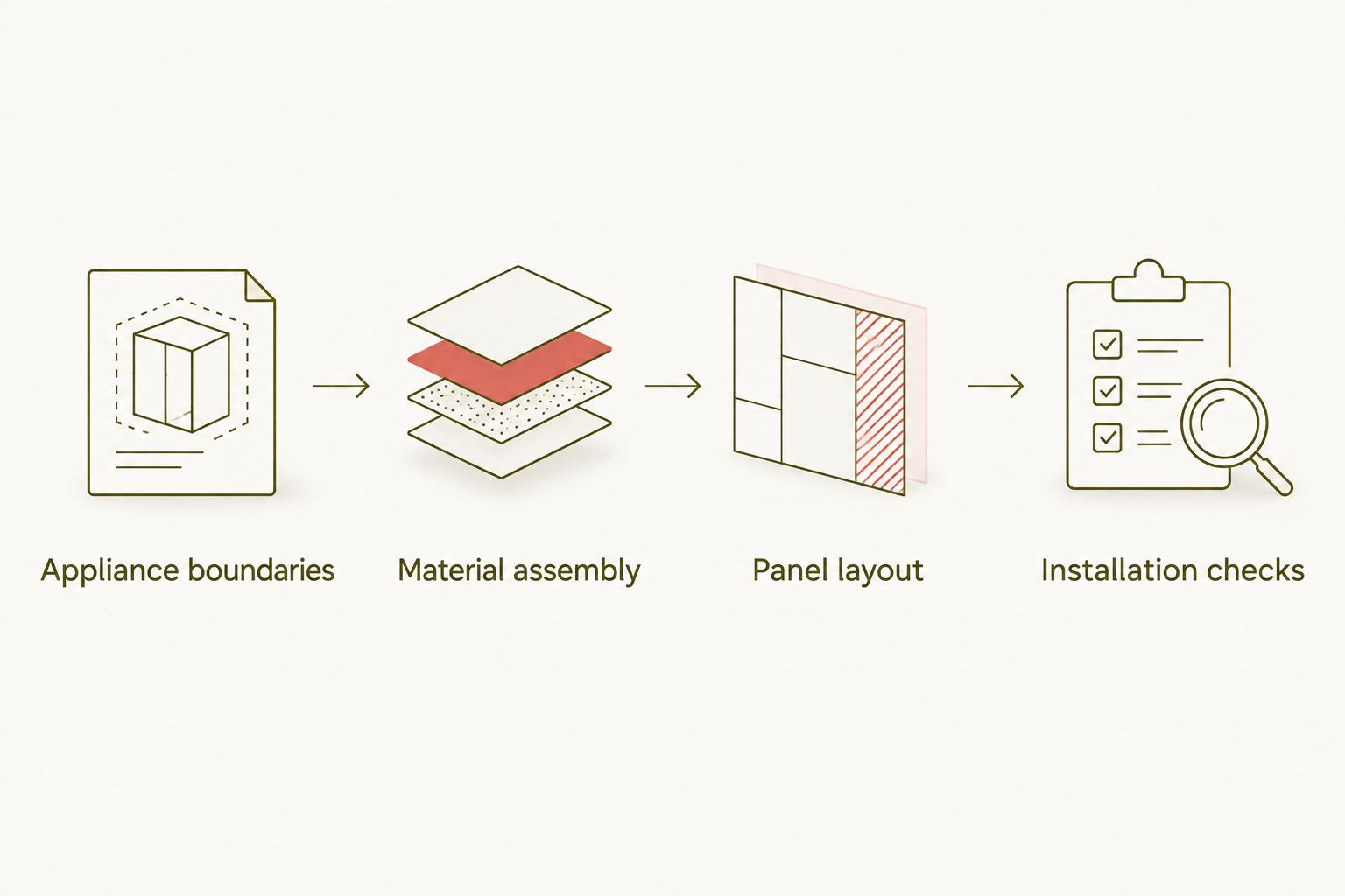 Workflow from checking fireplace boundaries to reviewing materials, panel layout, and installation