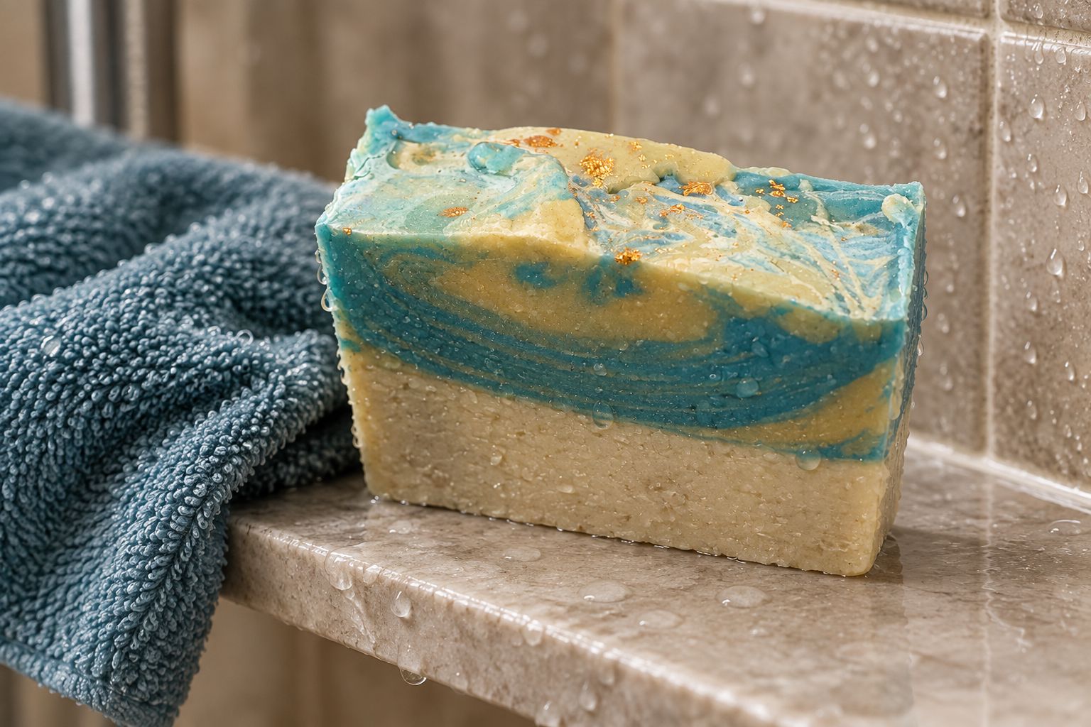 Gulf Shores soap bar on a shower shelf beside a washcloth