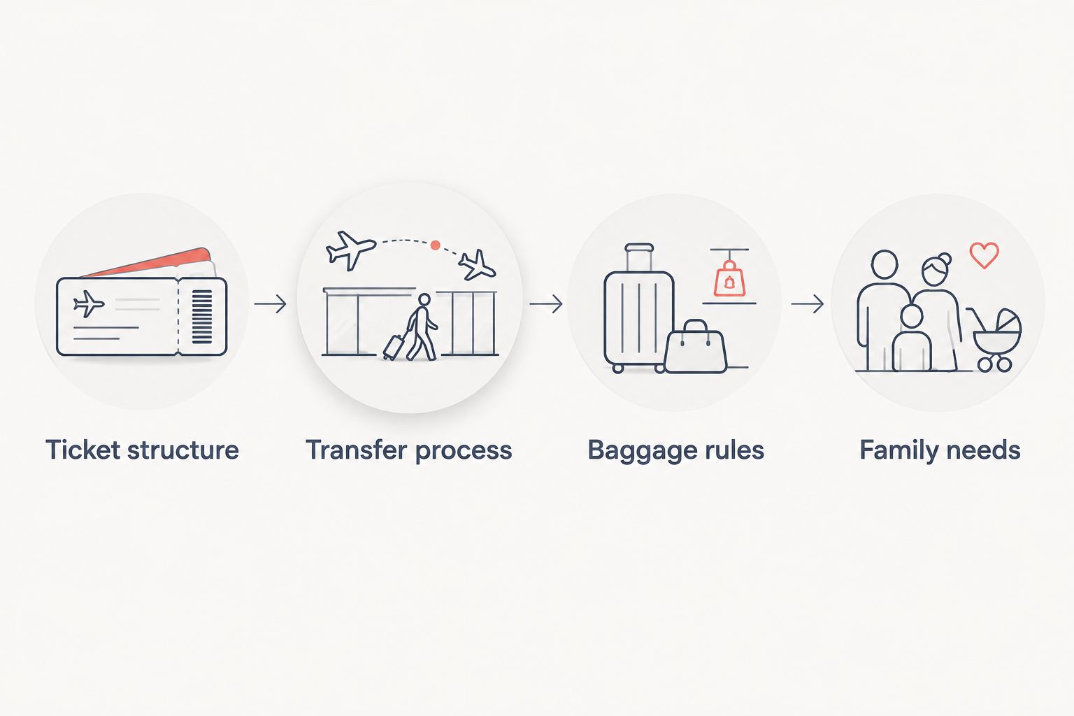 Four booking checks covering tickets, transfers, baggage and family needs