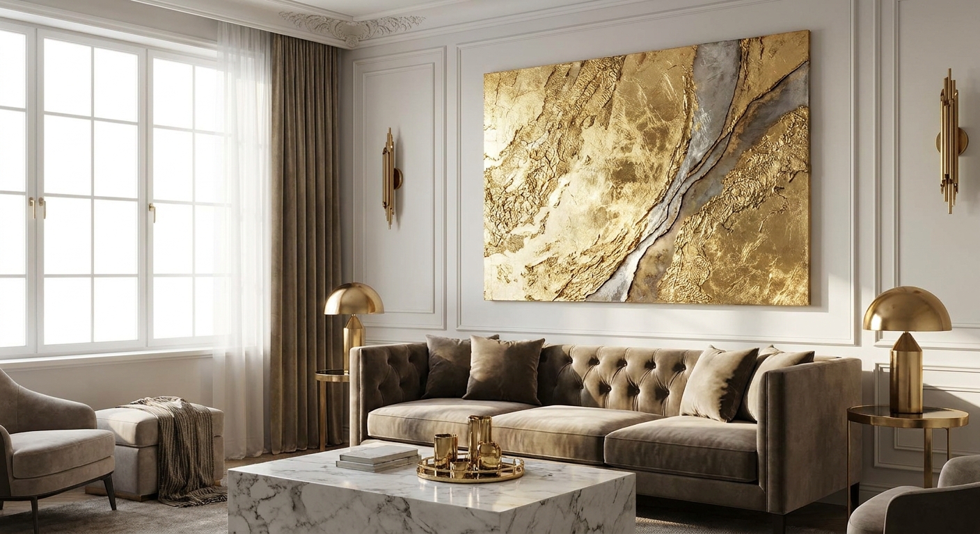 Metallic and gold leaf wall art for glam interiors