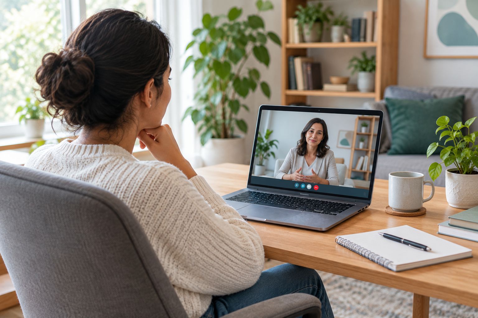 Person at a laptop in a quiet home office setup for an online therapy session