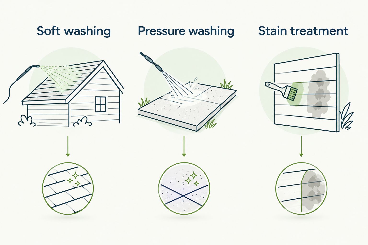 Three cleaning methods: soft washing, pressure washing, and stain treatment