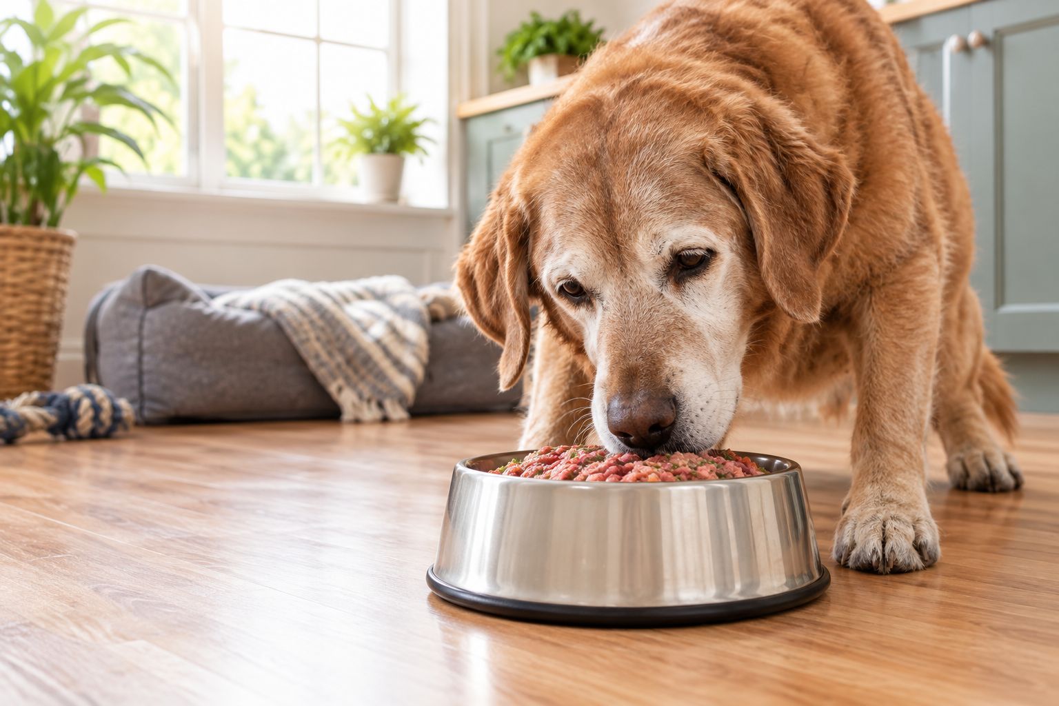 Senior dog eating a soft minced raw meal from a bowl