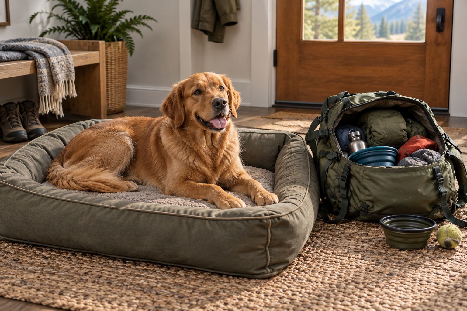 Dog resting on a bed beside a camping bag, with its full resting posture visible