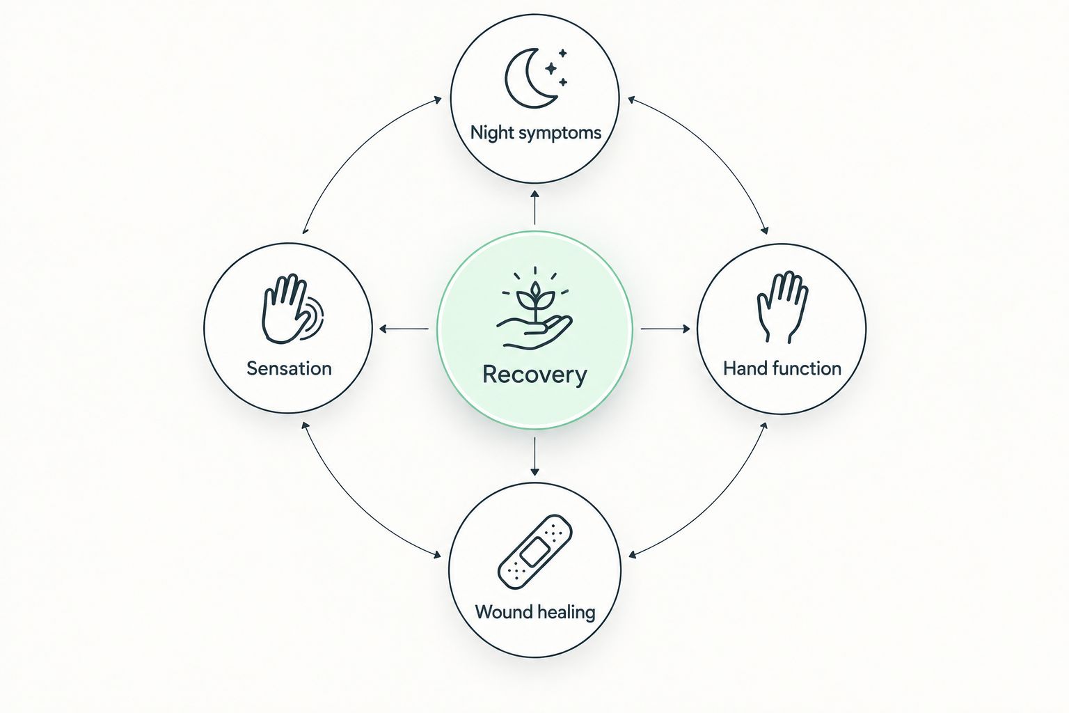Recovery diagram separating night symptoms, sensation, hand function, and wound healing