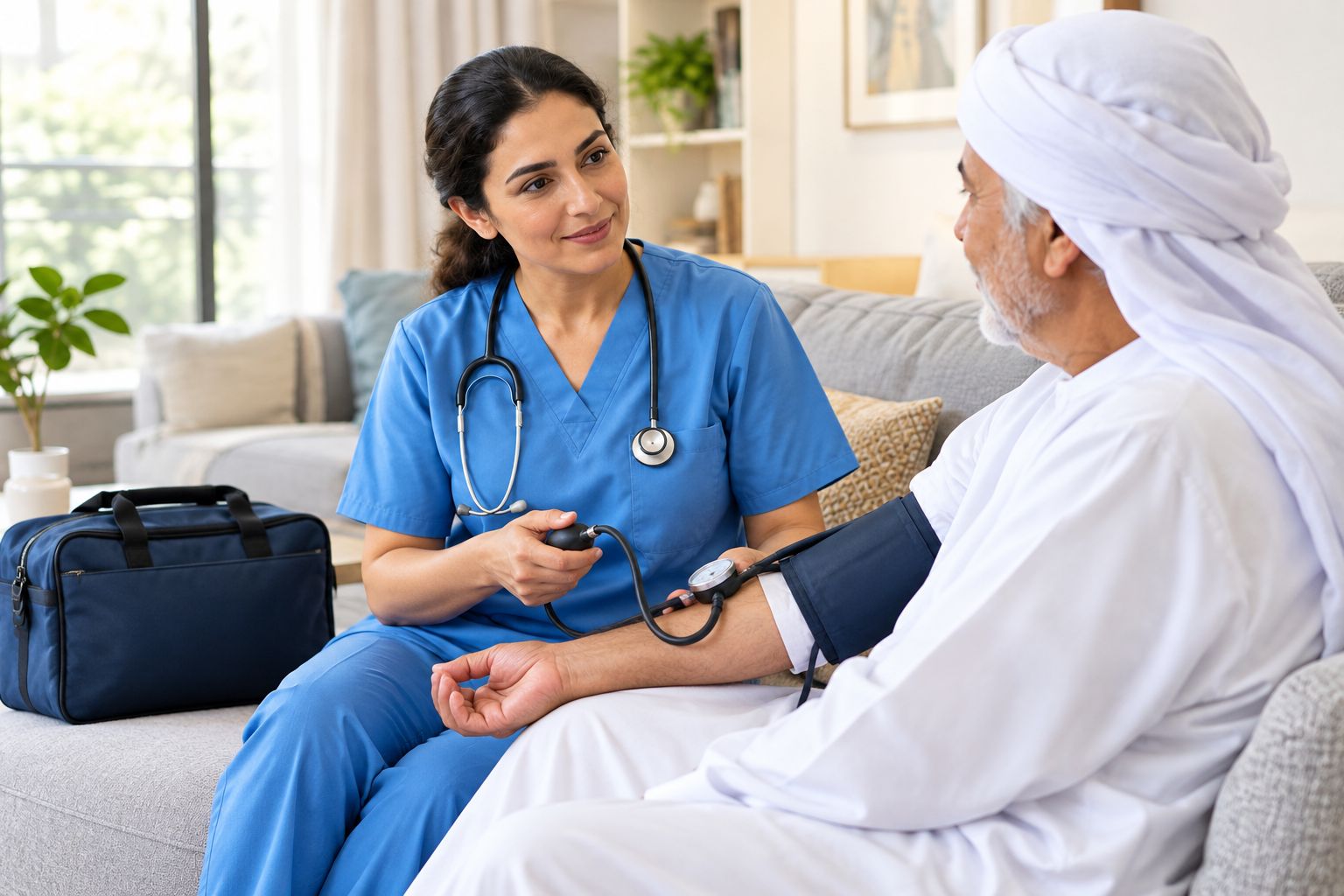 Doctor taking a blood pressure reading during a home visit