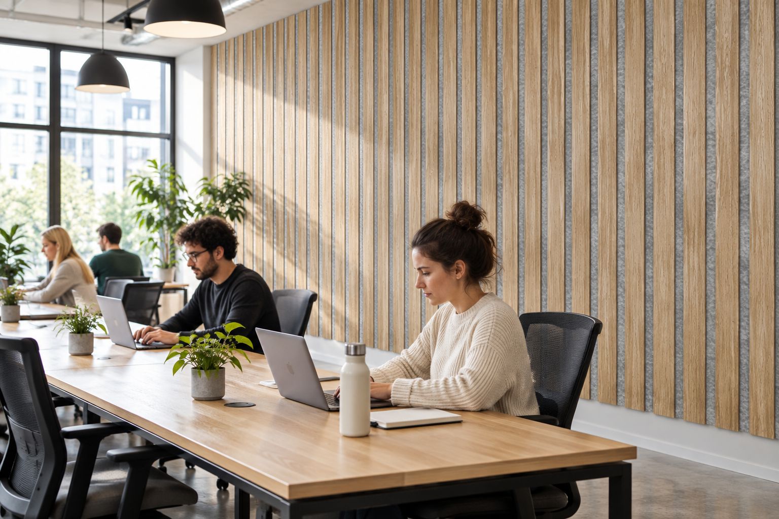 Akustikpaneele Natürliche Eiche mit Filz Grau an einer Wand im offenen Coworking-Bereich