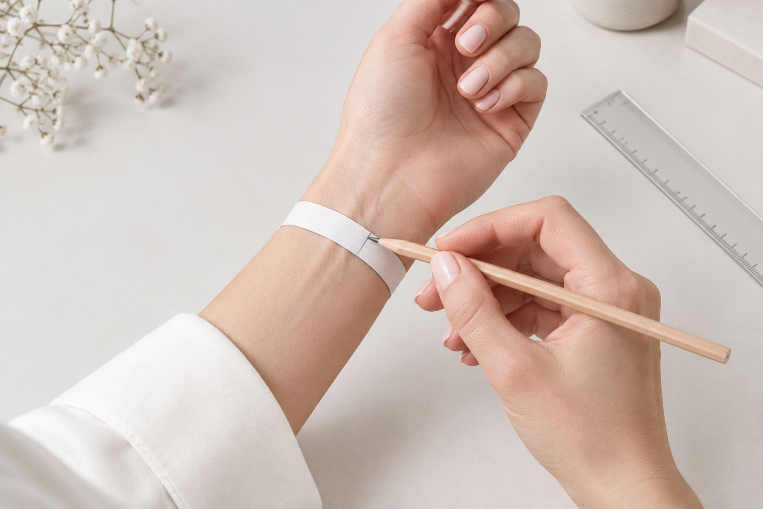 Mulher marca em uma tira de papel o contorno do pulso para depois medir com uma régua.