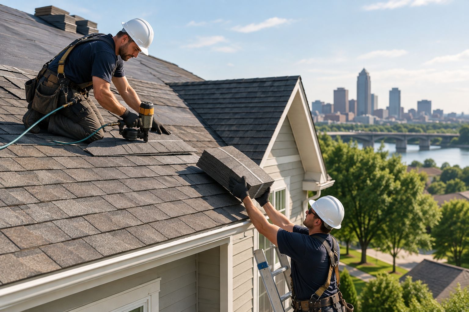 Roofing crew installing new architectural shingles on a house roof