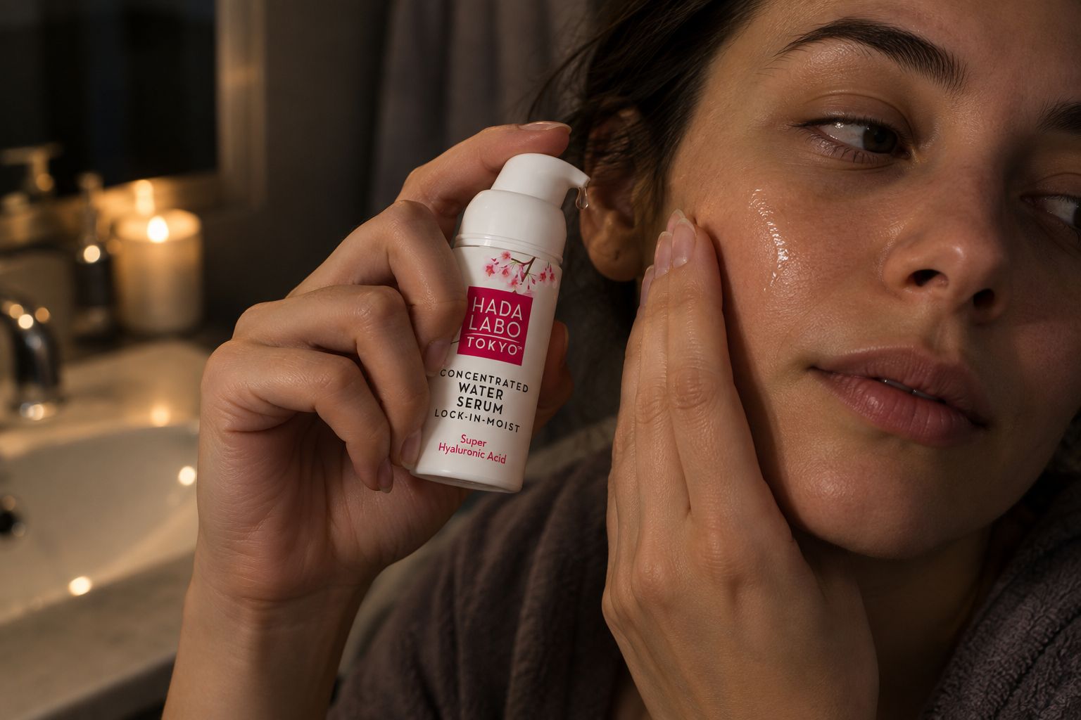 Hand applying hyaluronic acid serum to the face at night