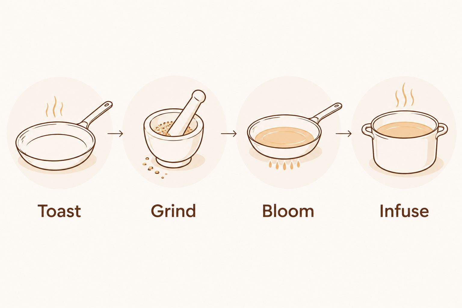 Four coriander preparation methods: toasting, grinding, blooming in fat, and infusing in liquid.