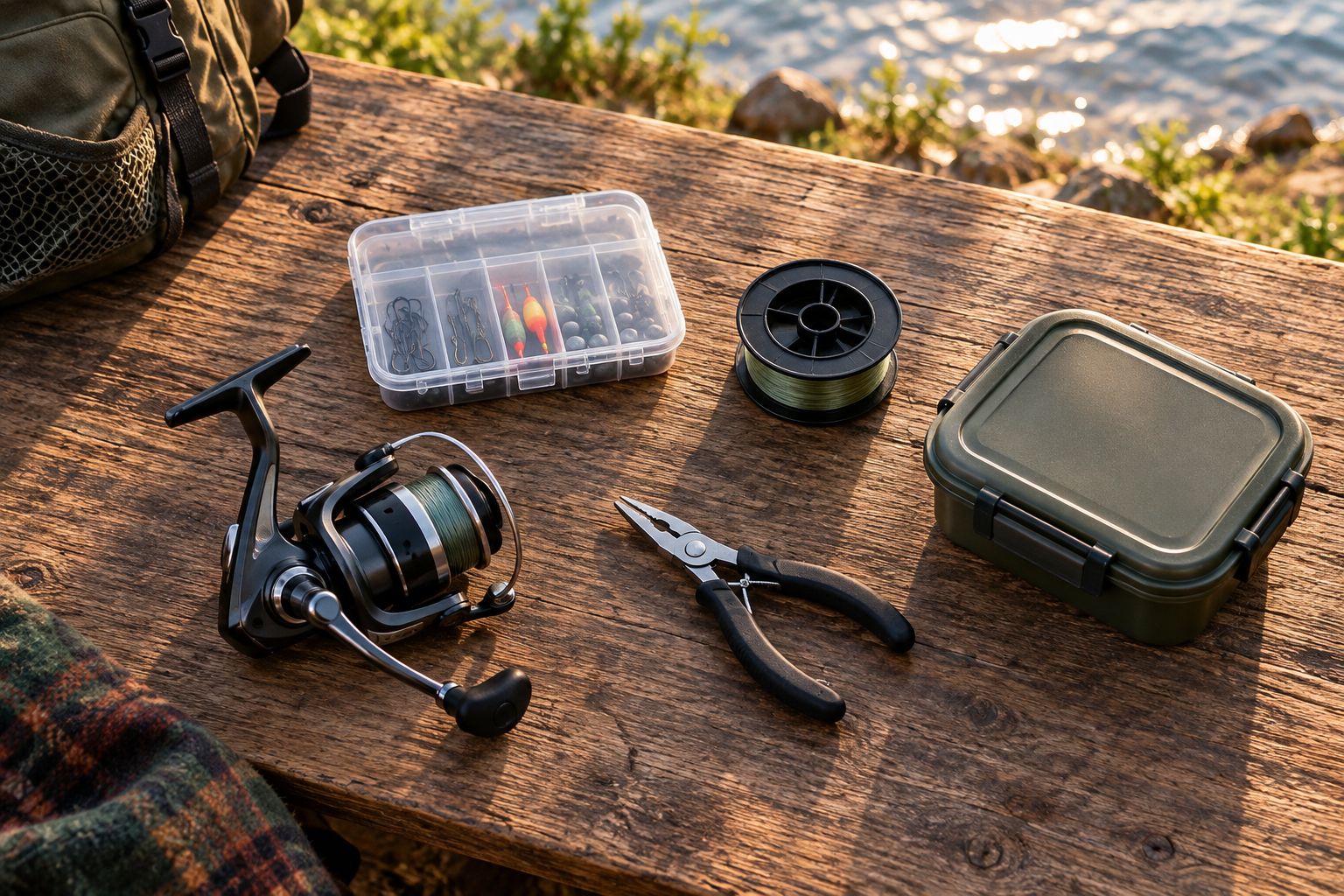 Compact fishing tackle organized on a workbench with food supplies kept separate