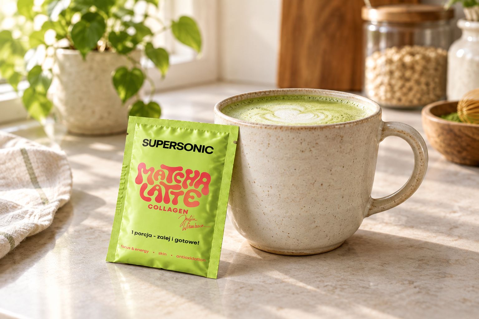 A matcha latte sachet next to a cup of frothy drink in the kitchen
