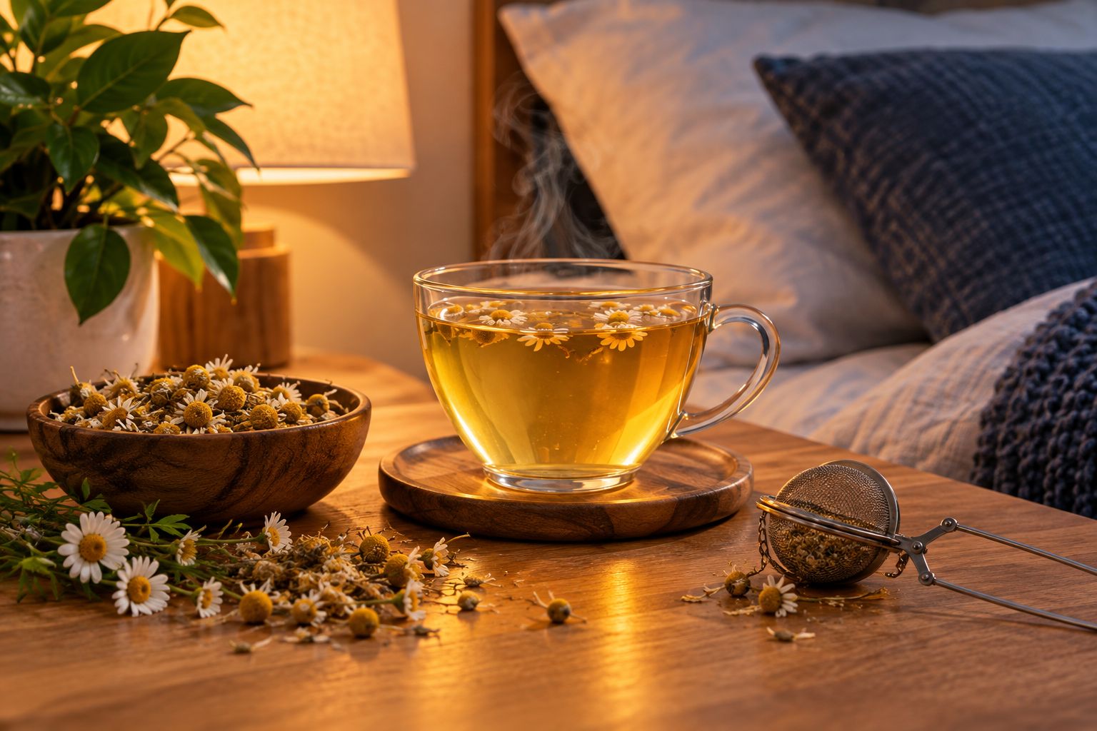 A glass cup of chamomile infusion beside dried flowers and a mesh strainer