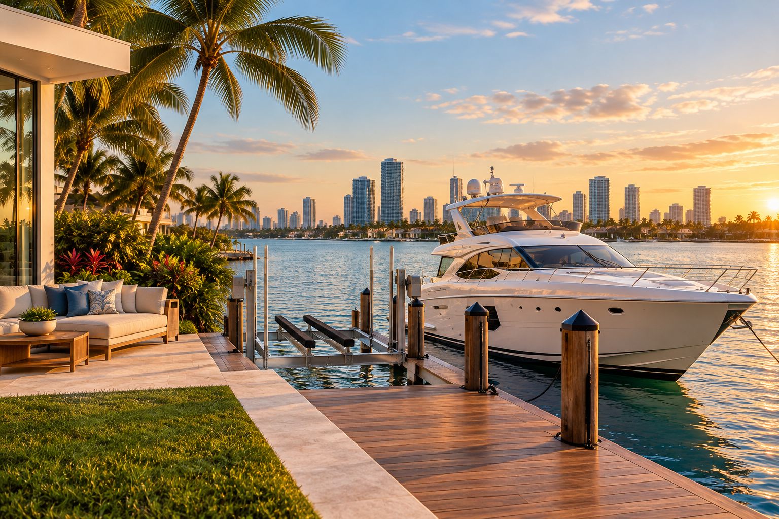 Private dock with boat lift on a Miami waterfront canal property