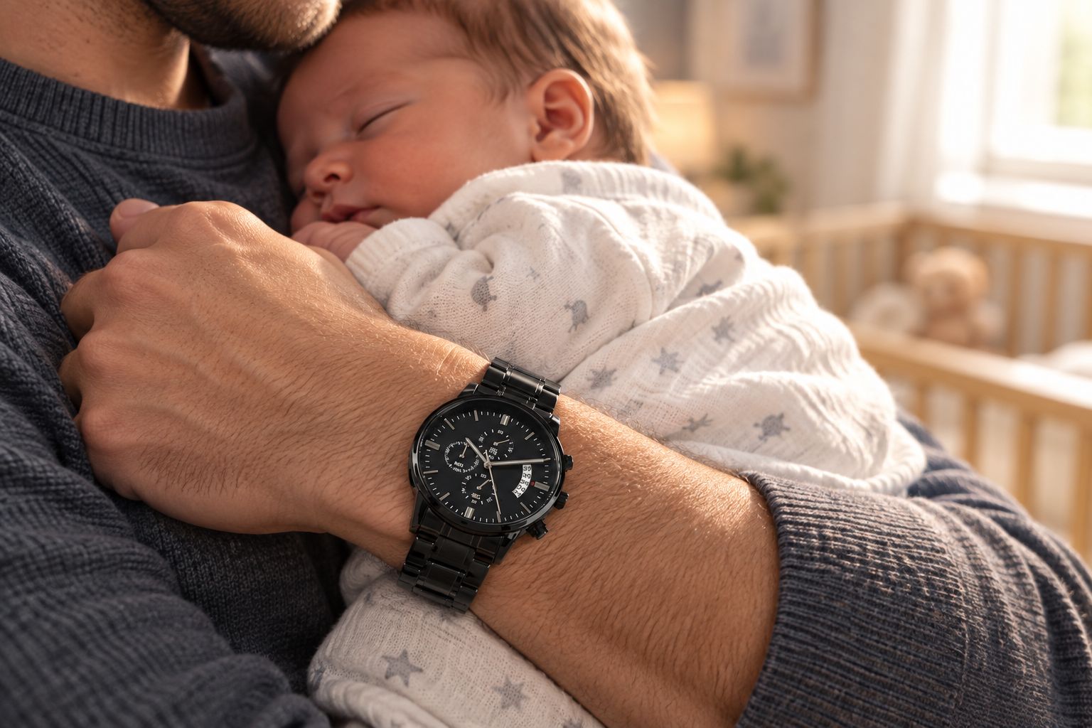 New dad wearing an engraved men's watch while holding his newborn
