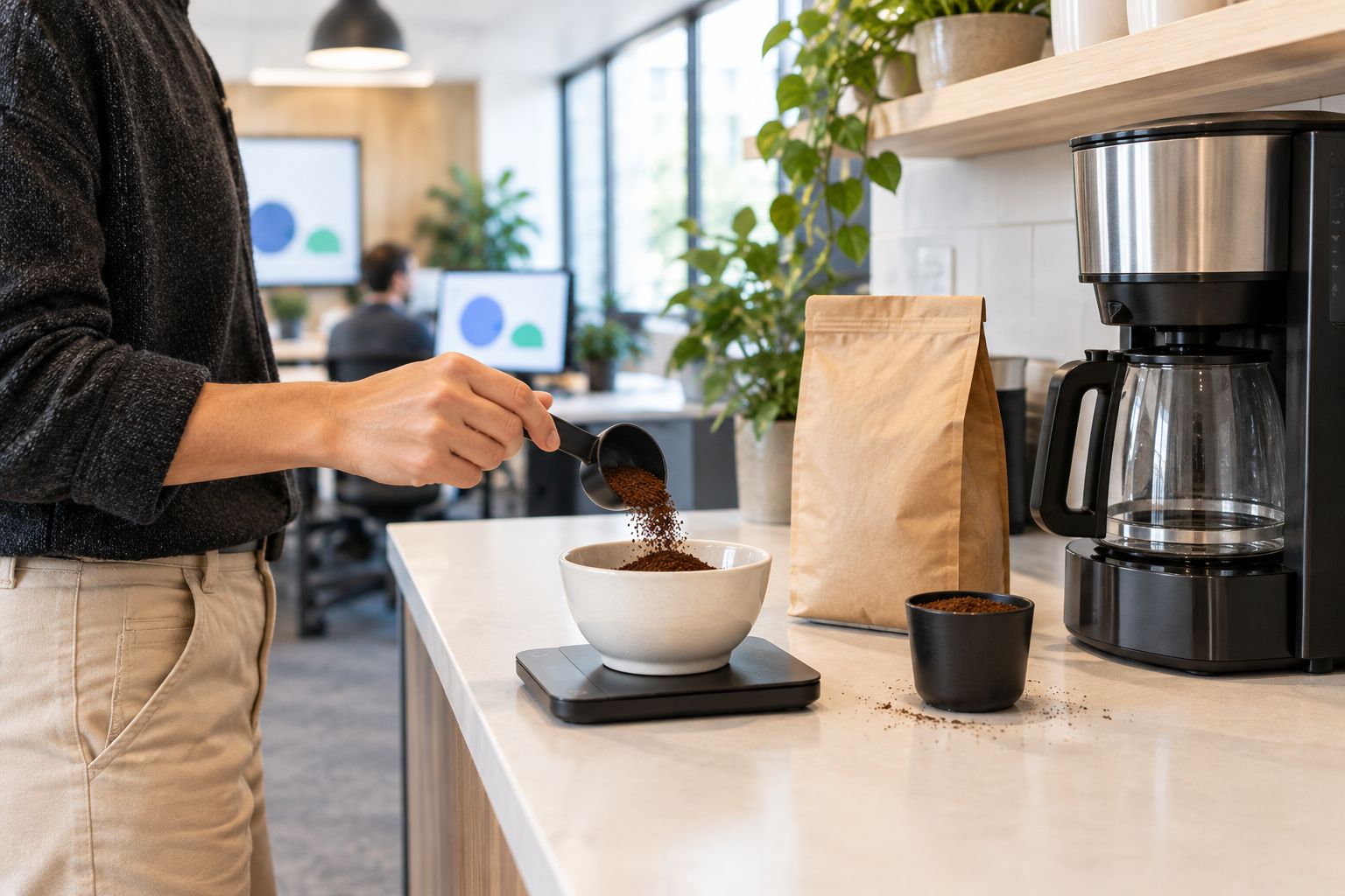 Coffee grounds being weighed beside a drip brewer in a shared office kitchenette