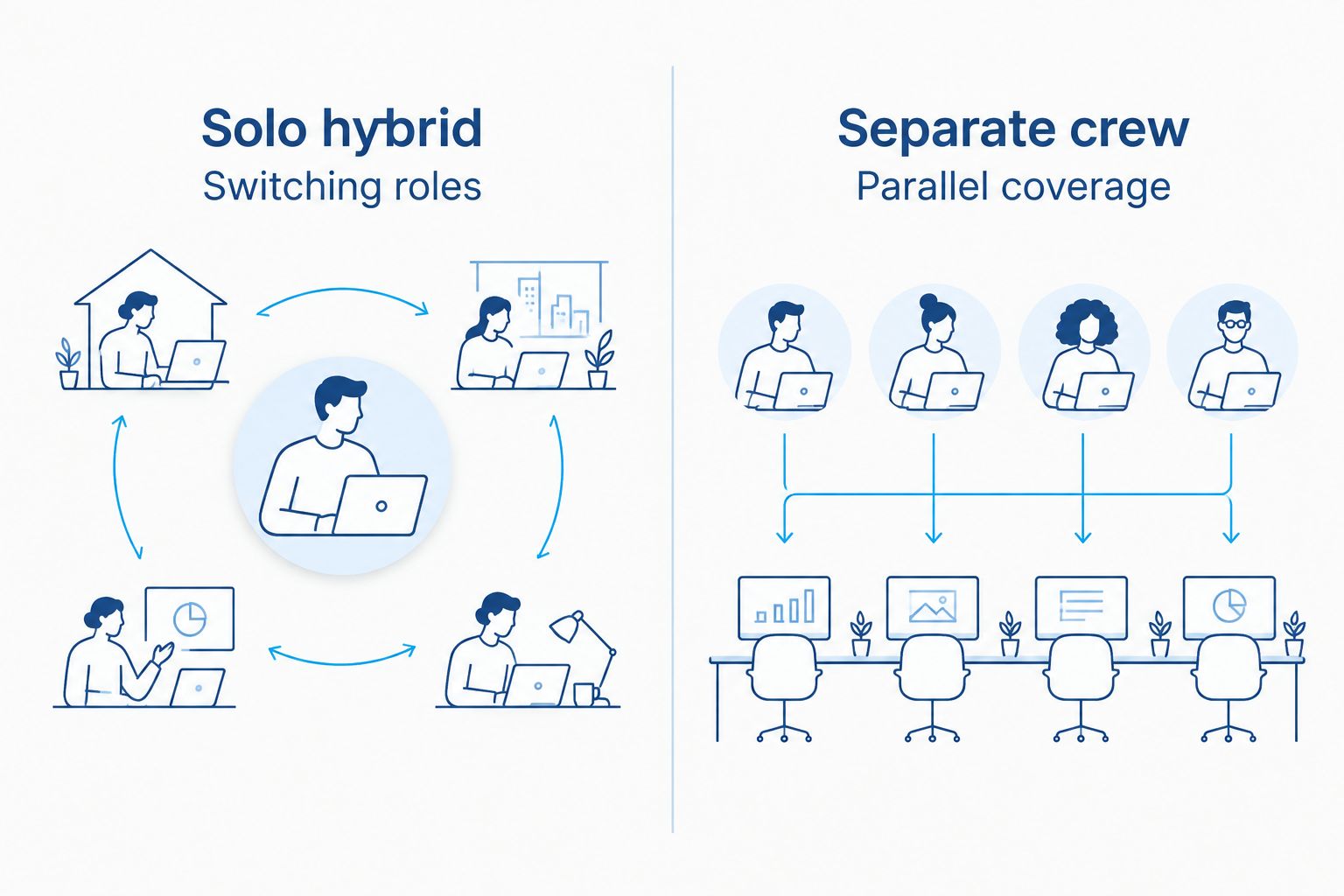 Comparison of a solo hybrid operator switching roles and a separate crew covering events in parallel
