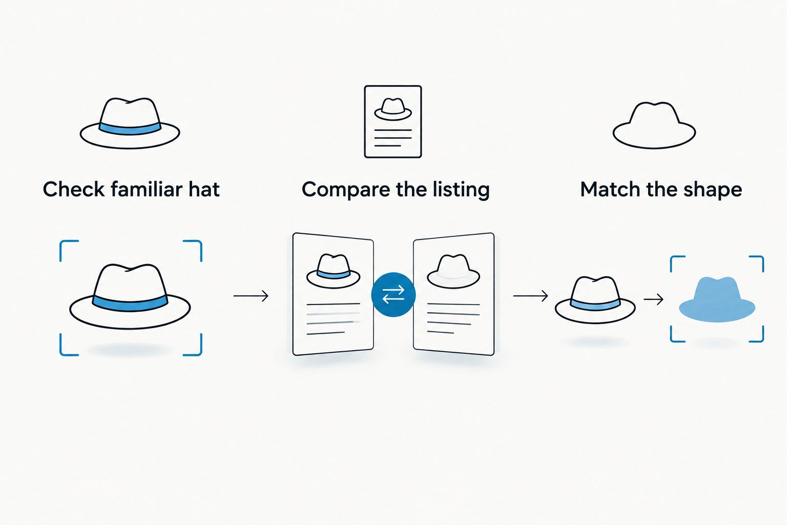 Gift-selection steps: check a familiar hat, compare the listing, and match the shape.