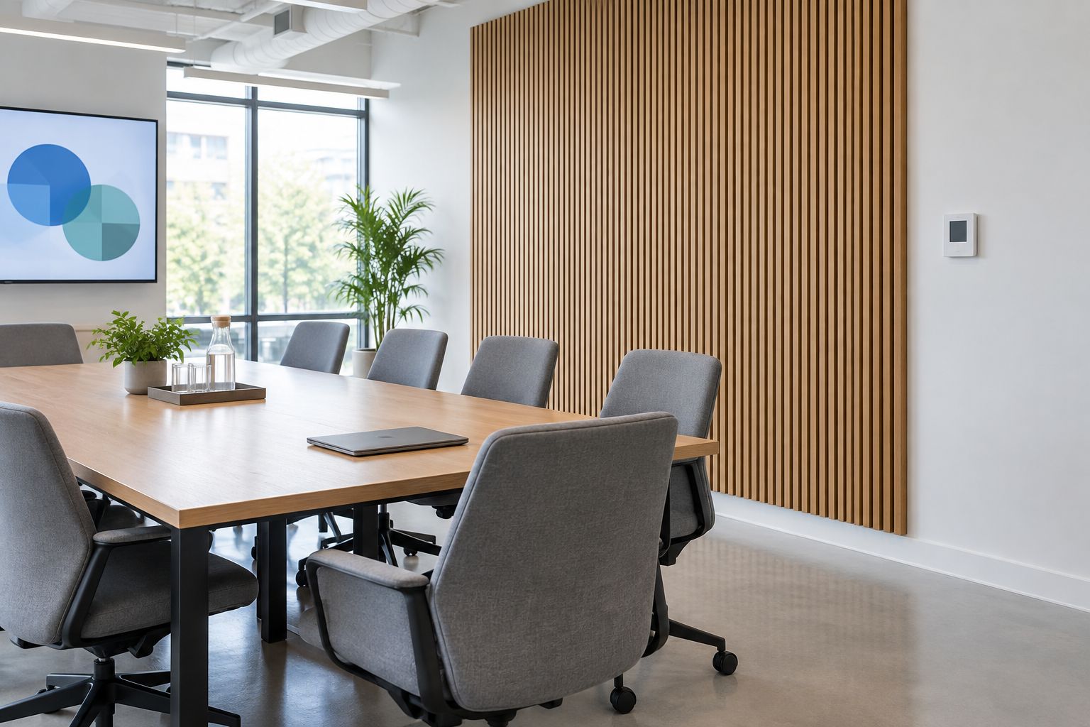Meeting-room slat wall treatment with clear access to a wall control and space beside chairs