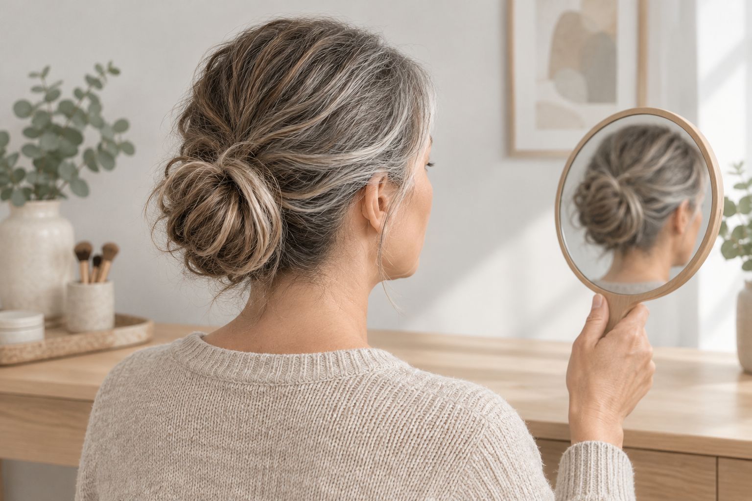 Woman checking the back and sides of a low bun while growing out grey hair