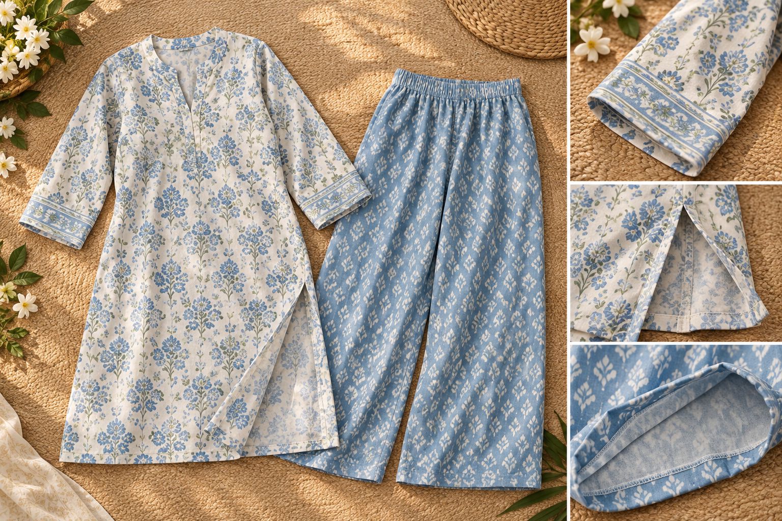 Cotton kurti and loose trousers with the sleeve, side slit and inside seam visible