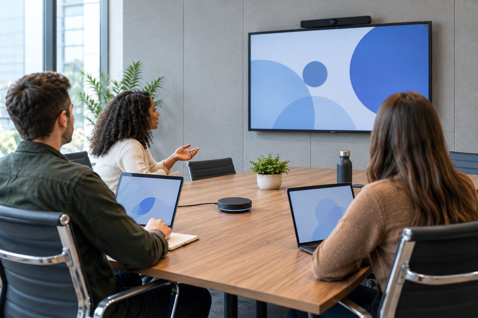 Meeting table with a shared conference microphone near the seating area and an abstract display