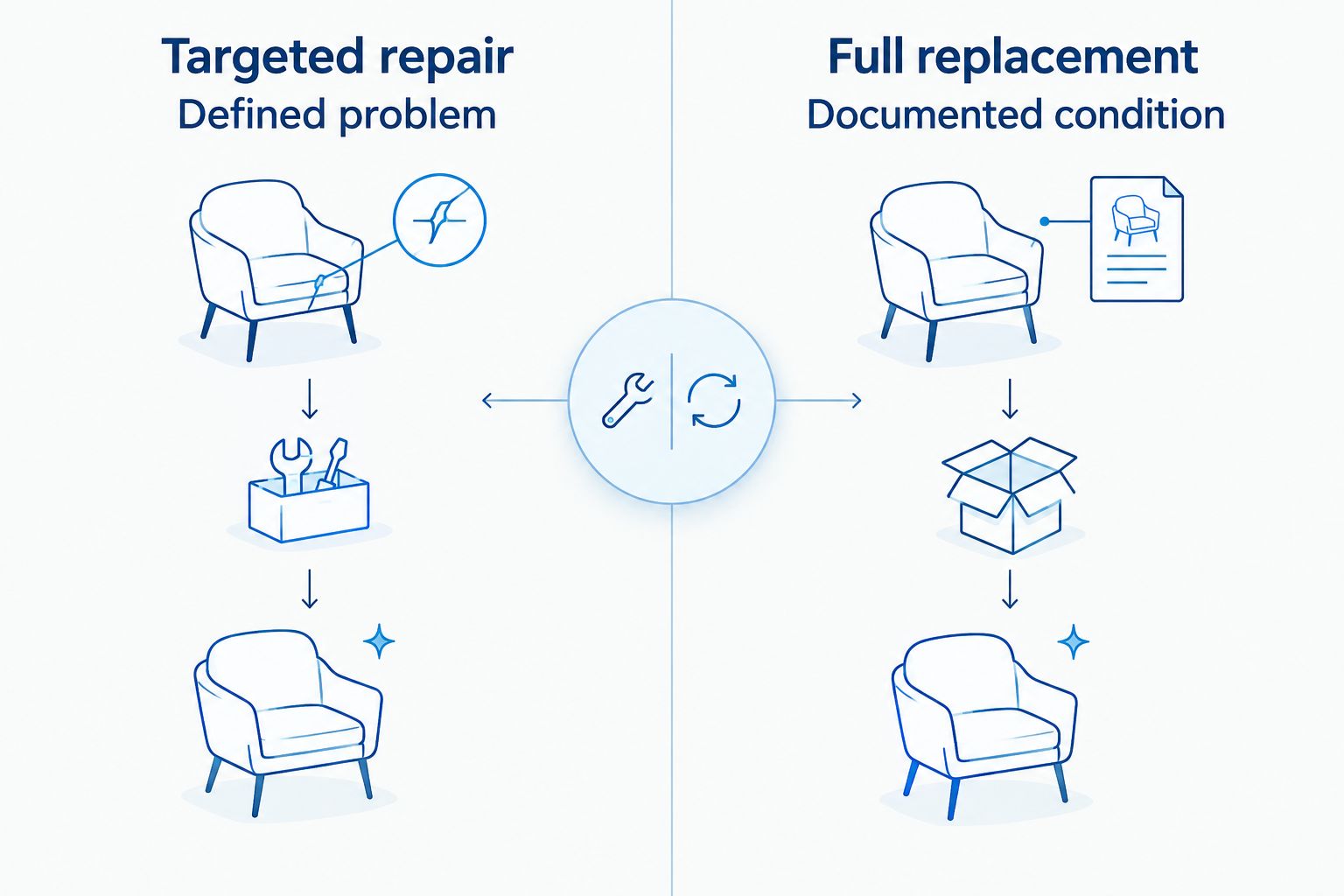 Side-by-side diagram contrasting a targeted repair with full roof replacement