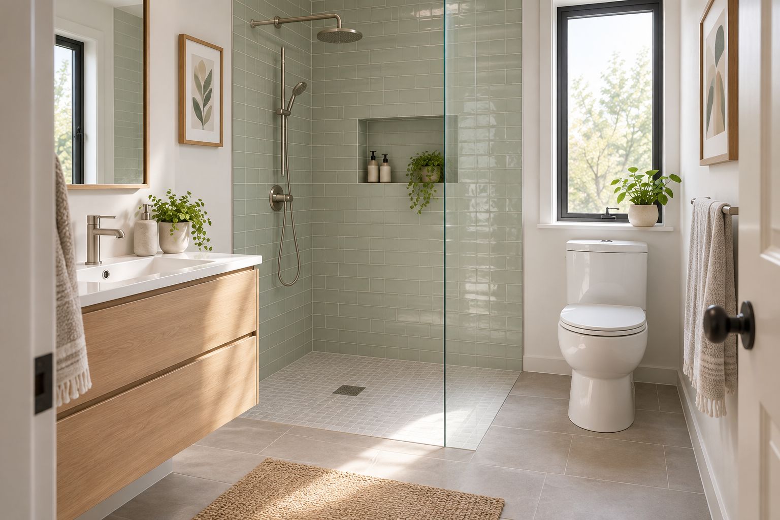 Small bathroom with a curbless shower entrance, clear glass panel, and separate walking route