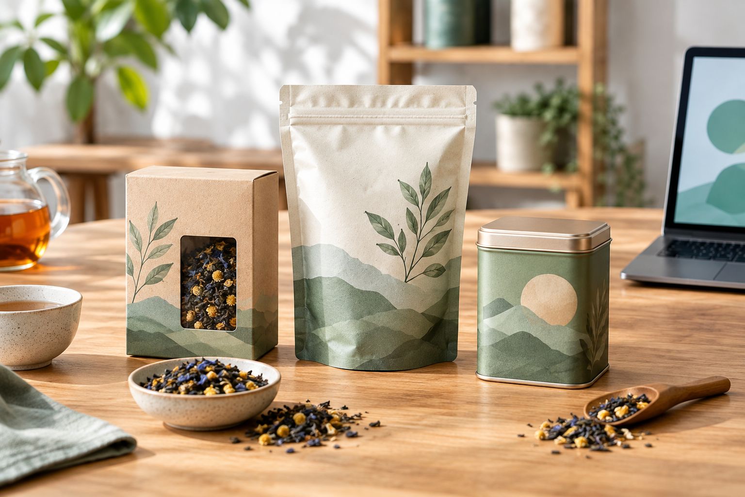 Three tea packaging formats compared: kraft box, stand-up pouch, and rigid tin