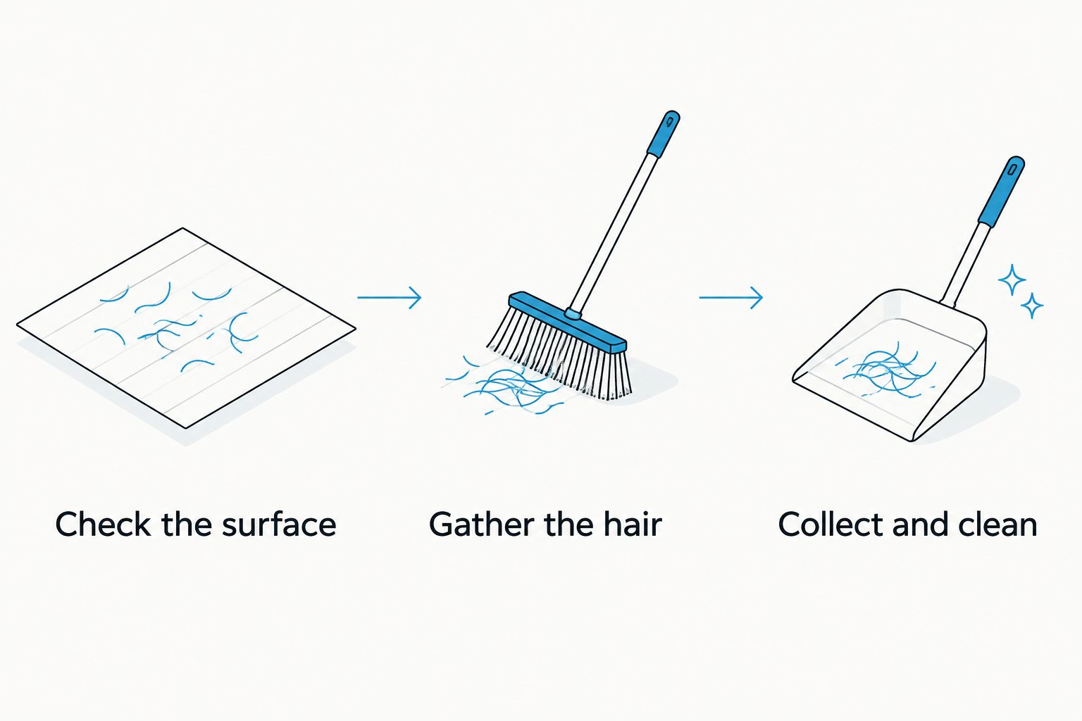 Sweeping sequence: check the surface, gather the hair, then collect the pile and clean the broom.