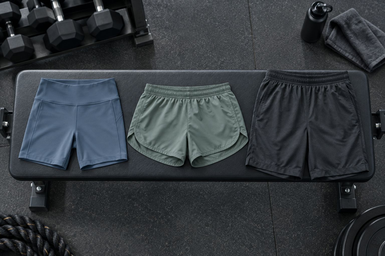 Fitted mid-thigh shorts, short track shorts, and longer track shorts compared side by side