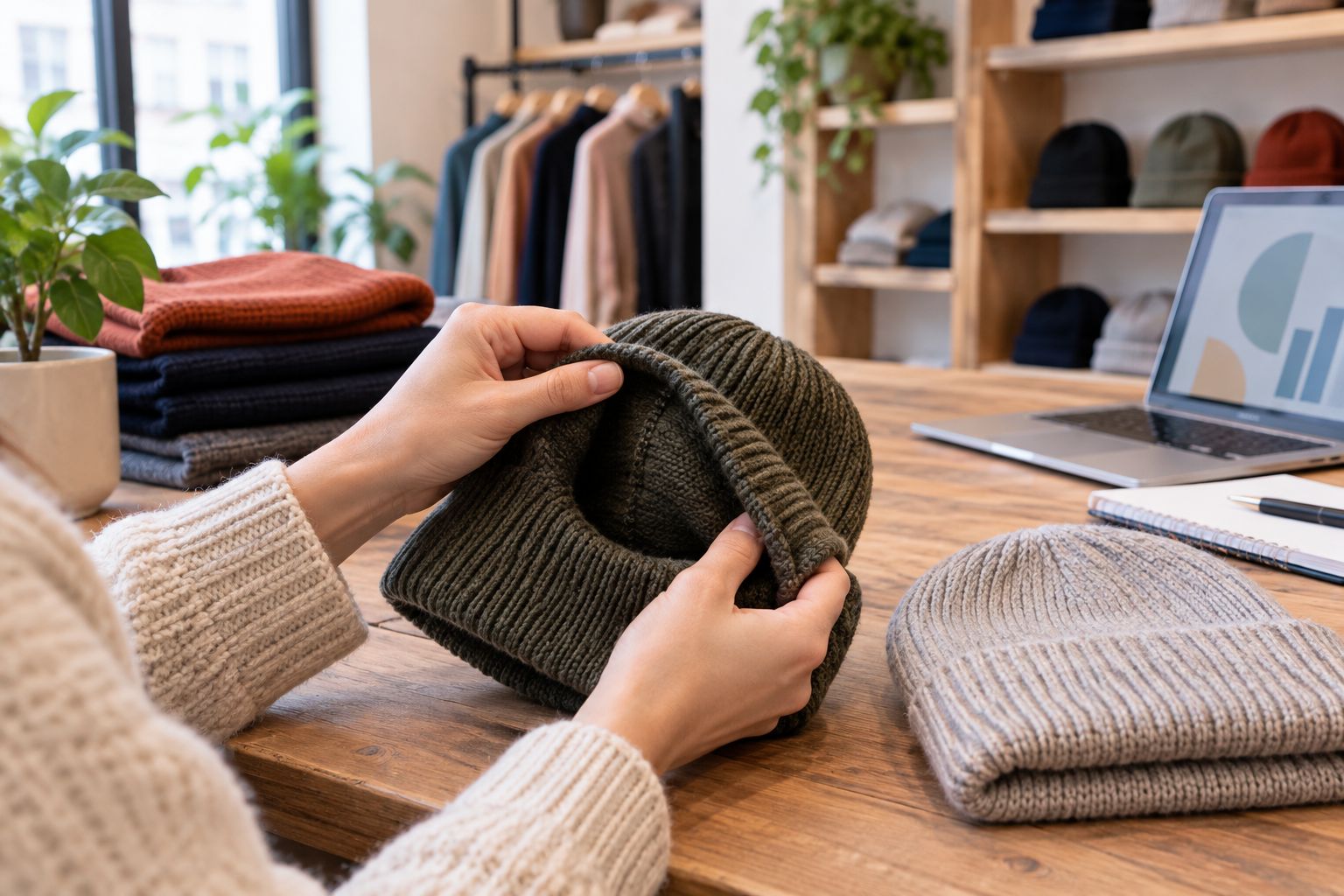 Hands inspecting the cuff, seam, and knit texture of a plain beanie