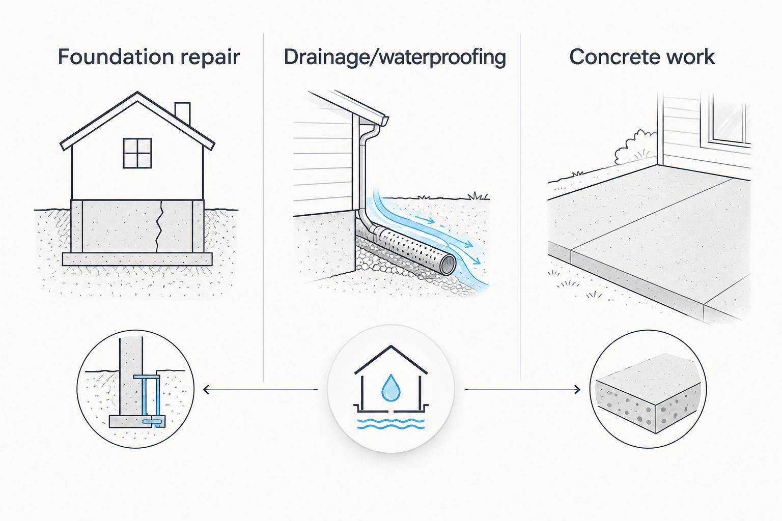 Three work categories: foundation repair, drainage/waterproofing, and concrete work