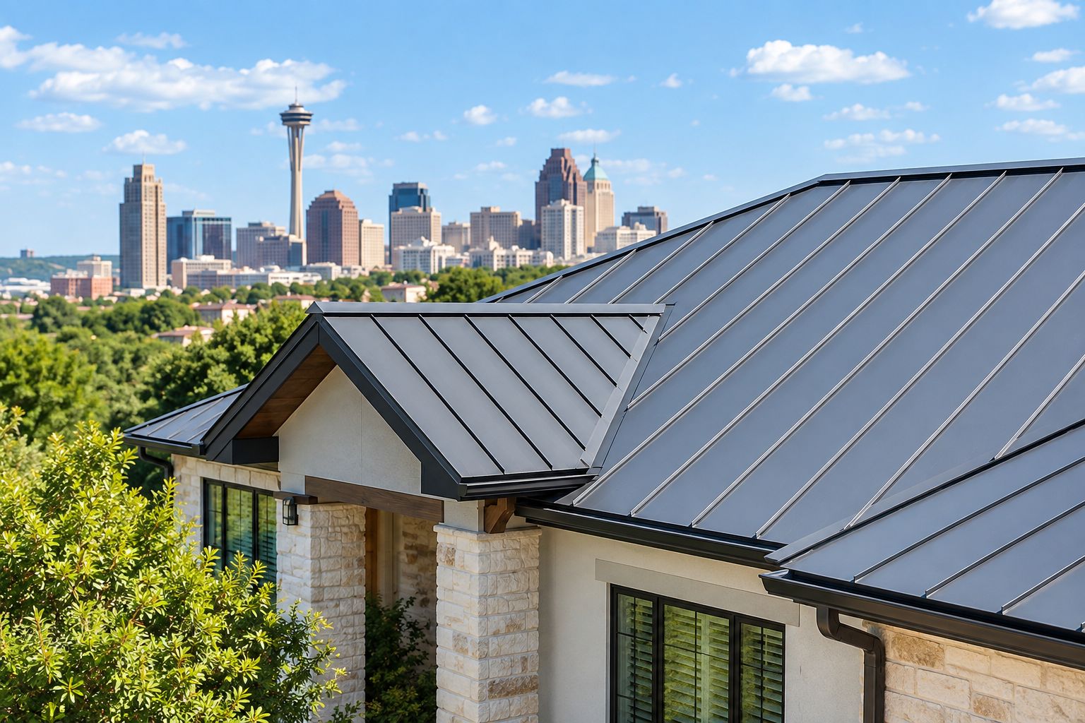 Standing seam metal roof panels installed on a home under bright sky