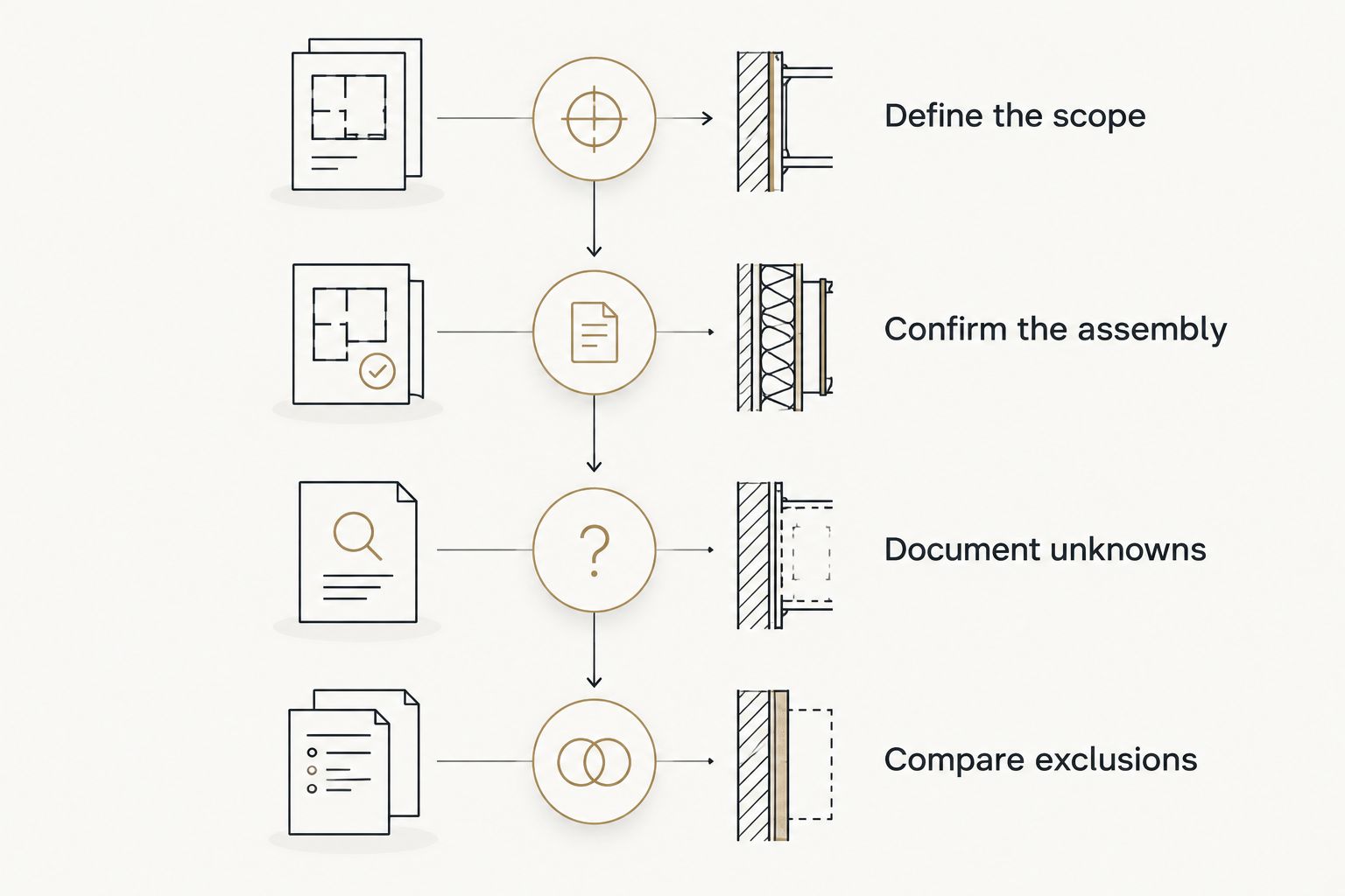Four stages for comparing siding proposals, from defining the scope to comparing exclusions