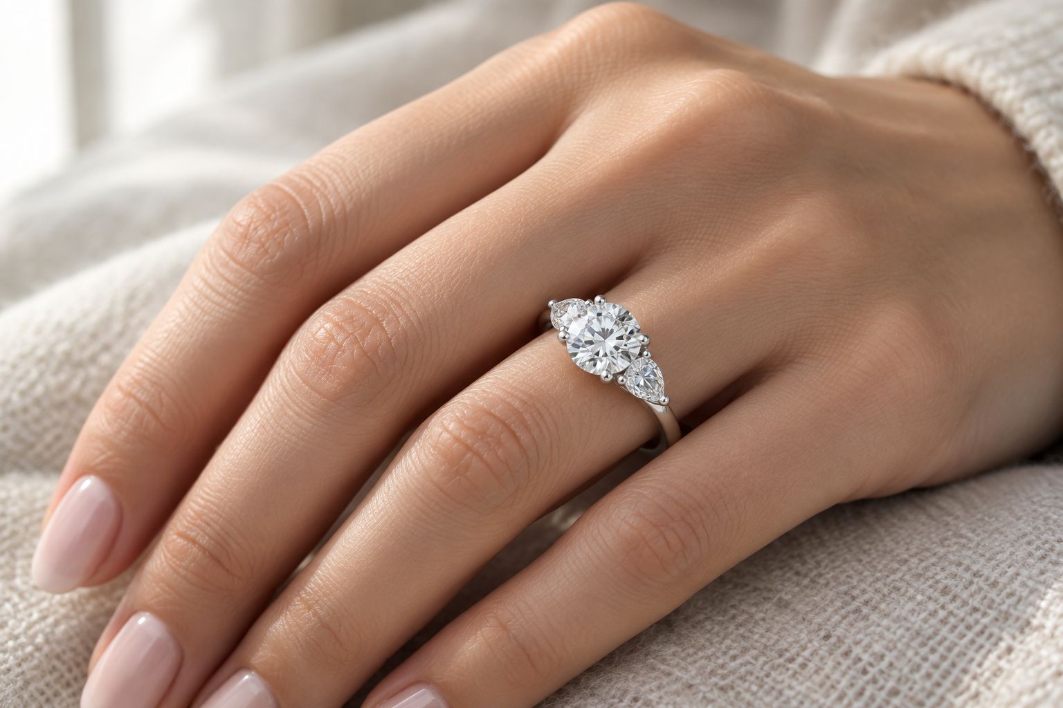 Cambridge round three-stone engagement ring worn on a hand