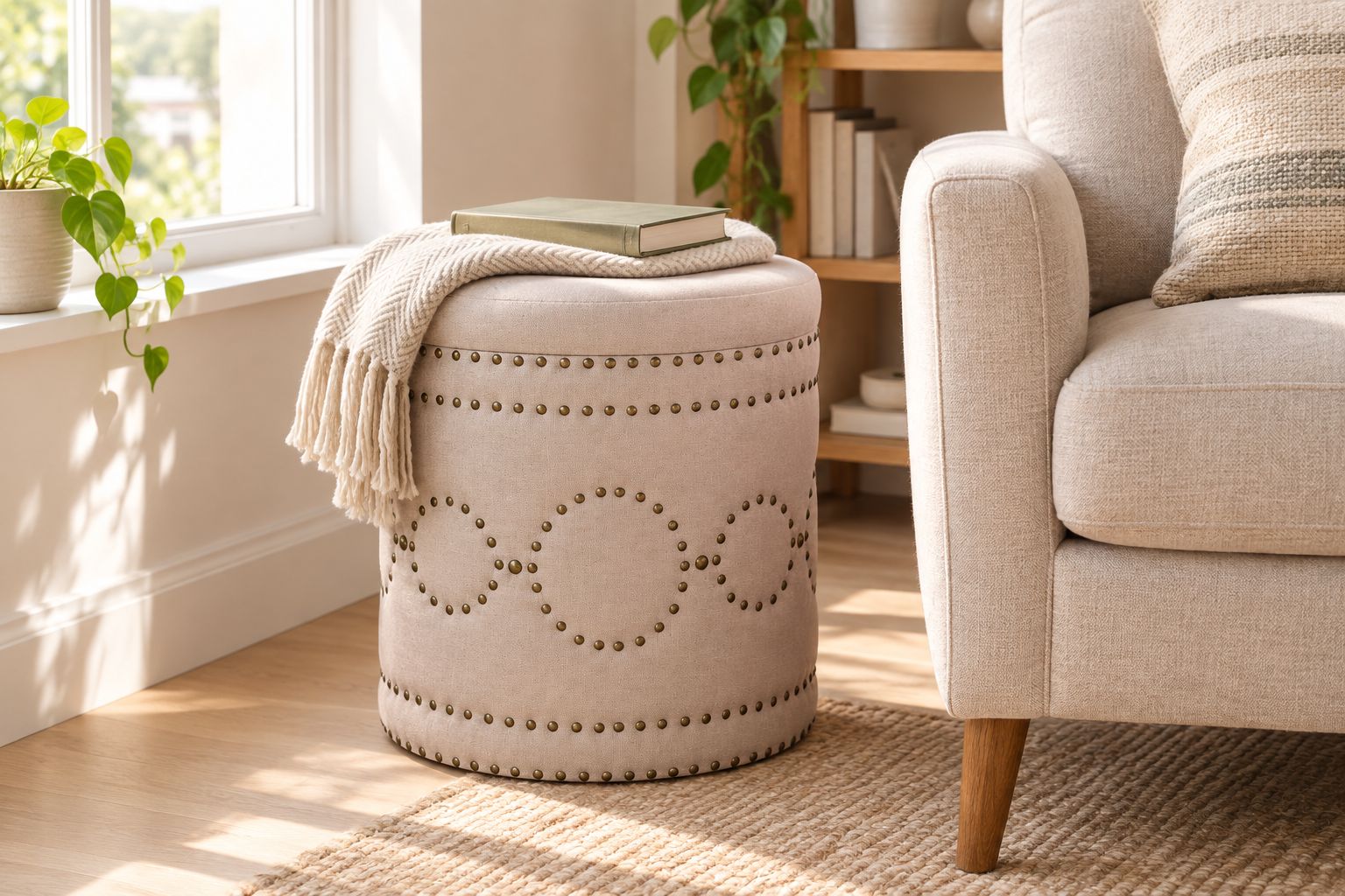Round storage stool ottoman in the corner of a small apartment living room
