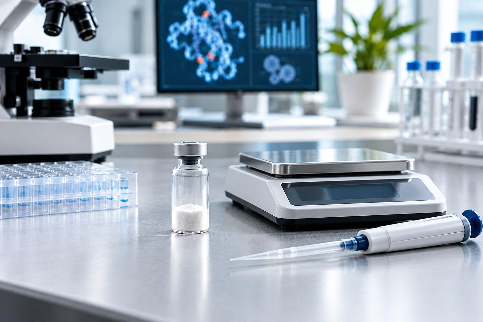 Lab bench with a lyophilized peptide vial, scale, and pipette