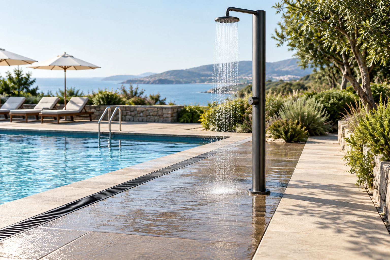 Outdoor shower rinsing area with adjacent drainage and a separate pedestrian route