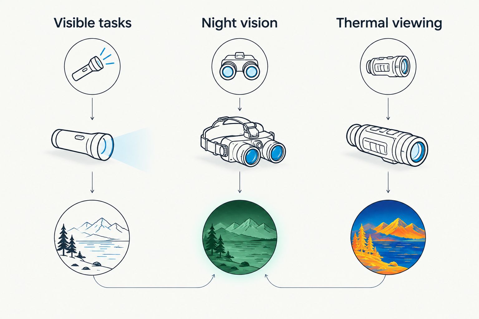 Three lighting decisions: visible tasks, night vision and thermal viewing