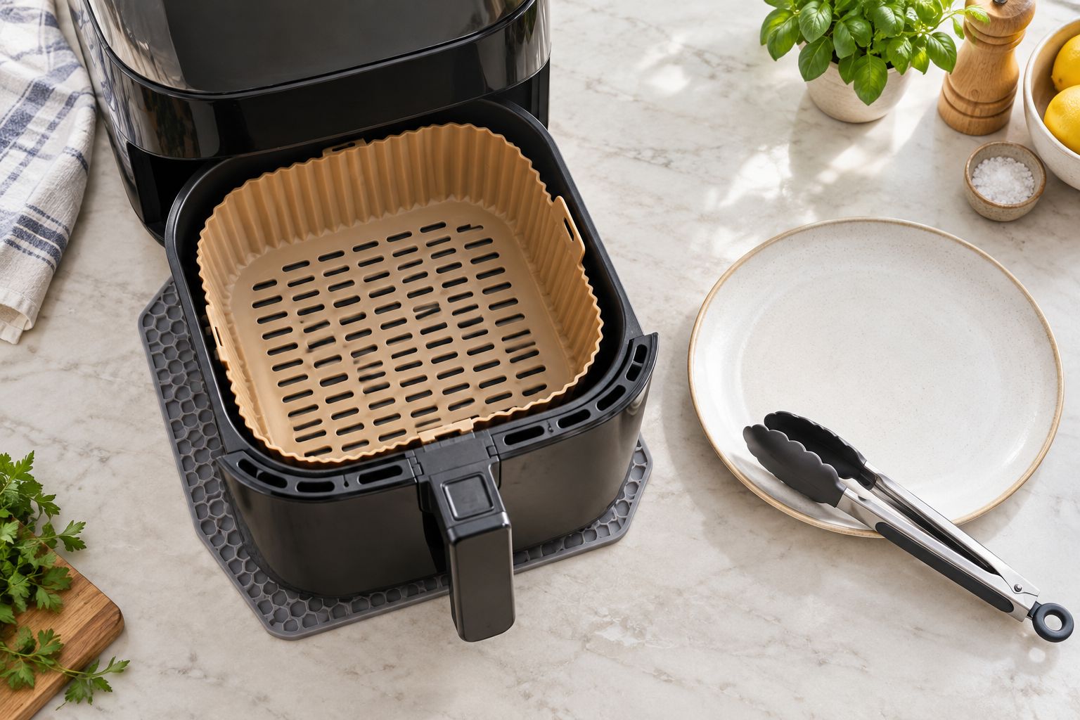 Air fryer drawer supported on a trivet beside a plate and serving tongs
