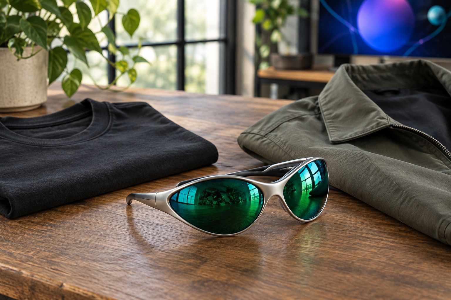 Unbranded shield sunglasses beside a plain shirt and structured jacket