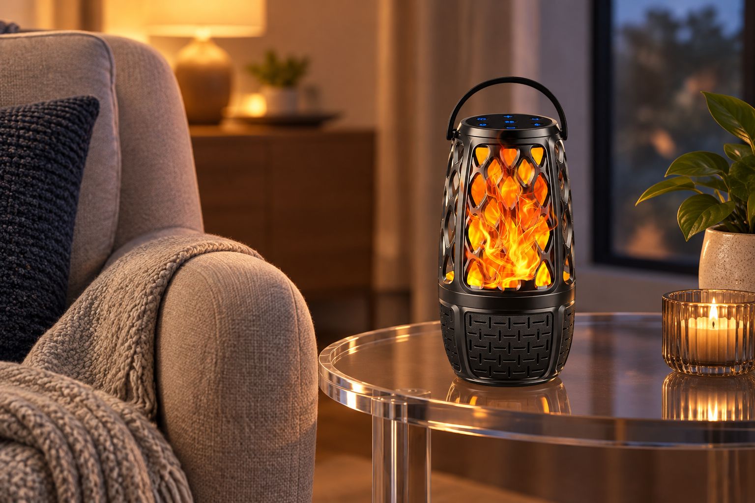 Flame Bluetooth Speaker on a side table beside a living-room chair
