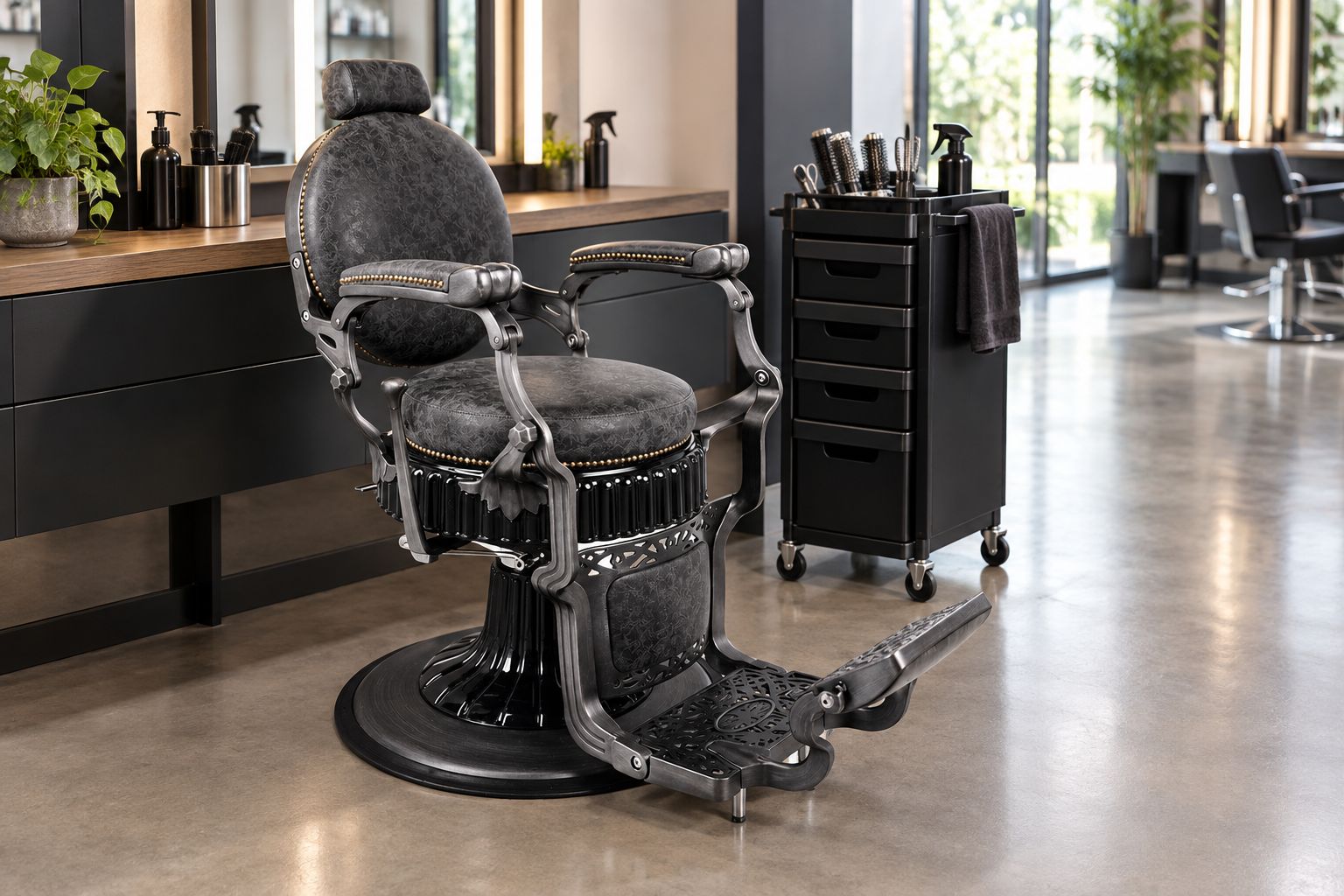 Barber chair at a workstation with clear floor space and a trolley beside it