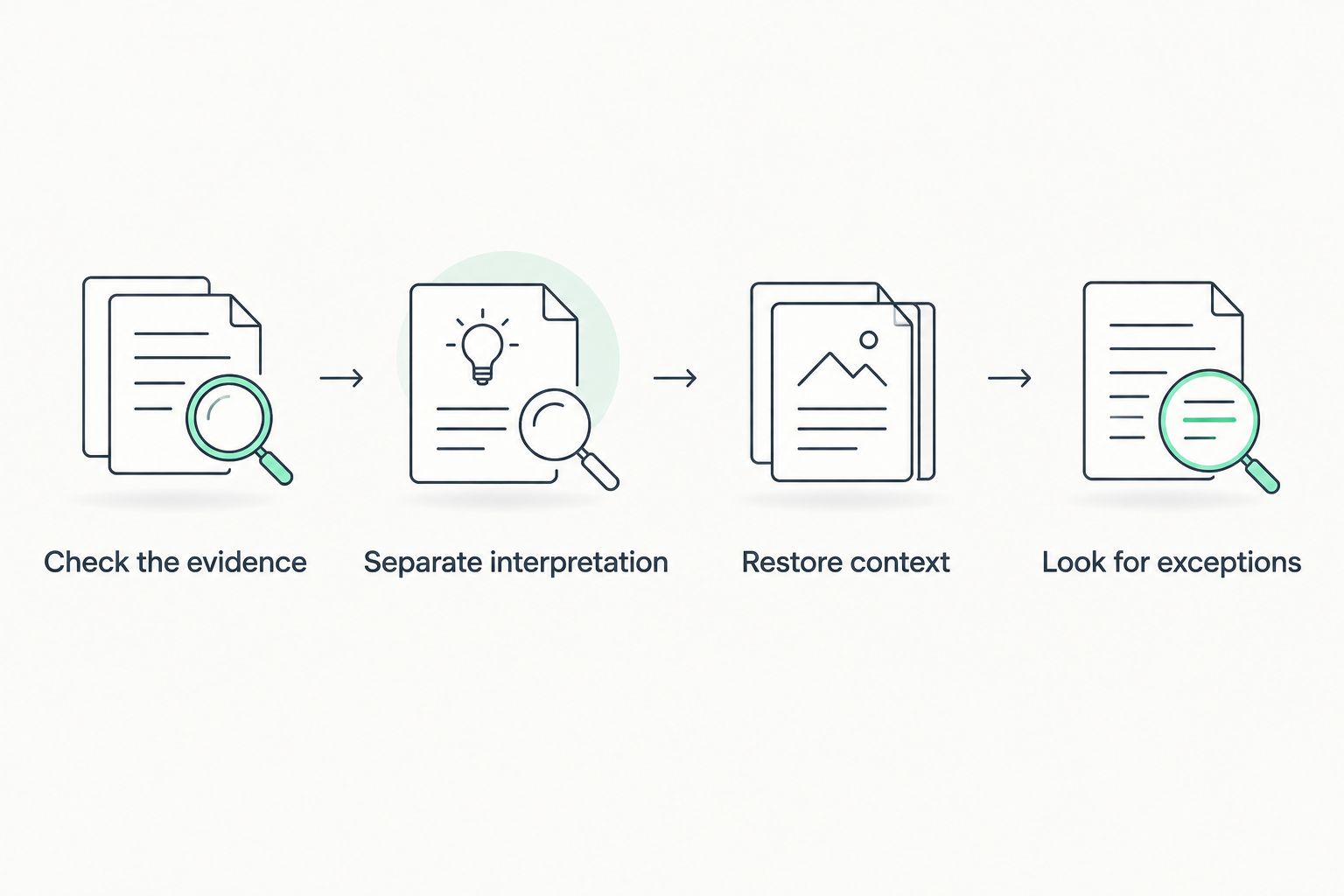 Four steps for checking a relationship-text interpretation against its evidence.