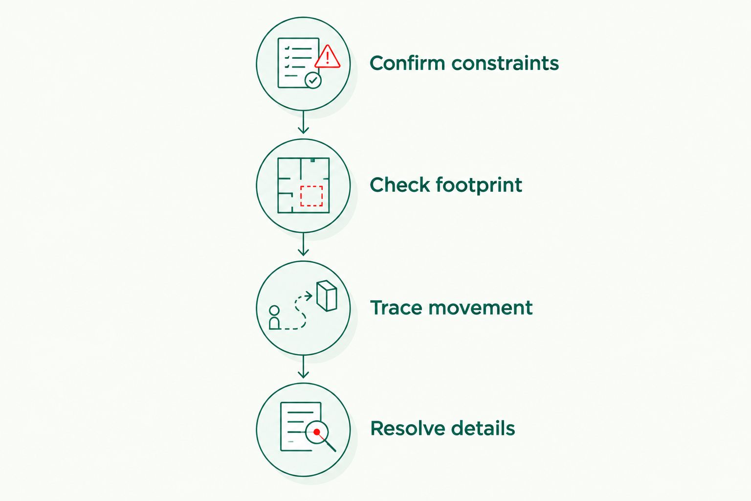 Four stages for checking a house plan, from site constraints to room details