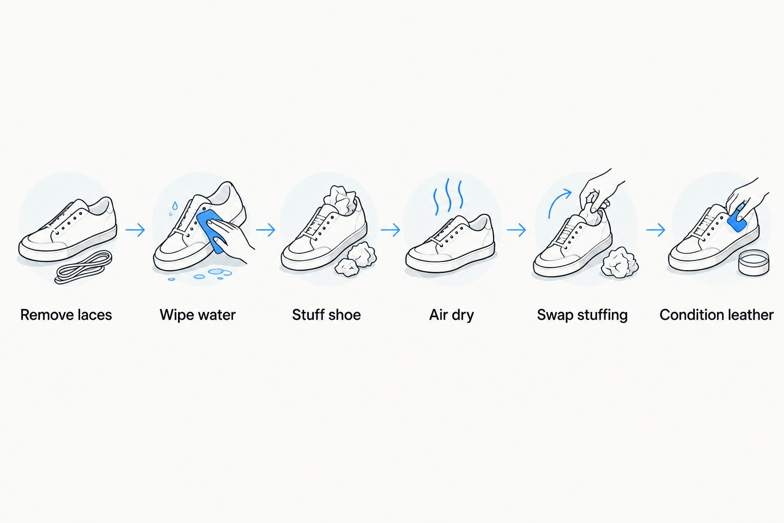 Six-step diagram for drying wet leather dress shoes safely