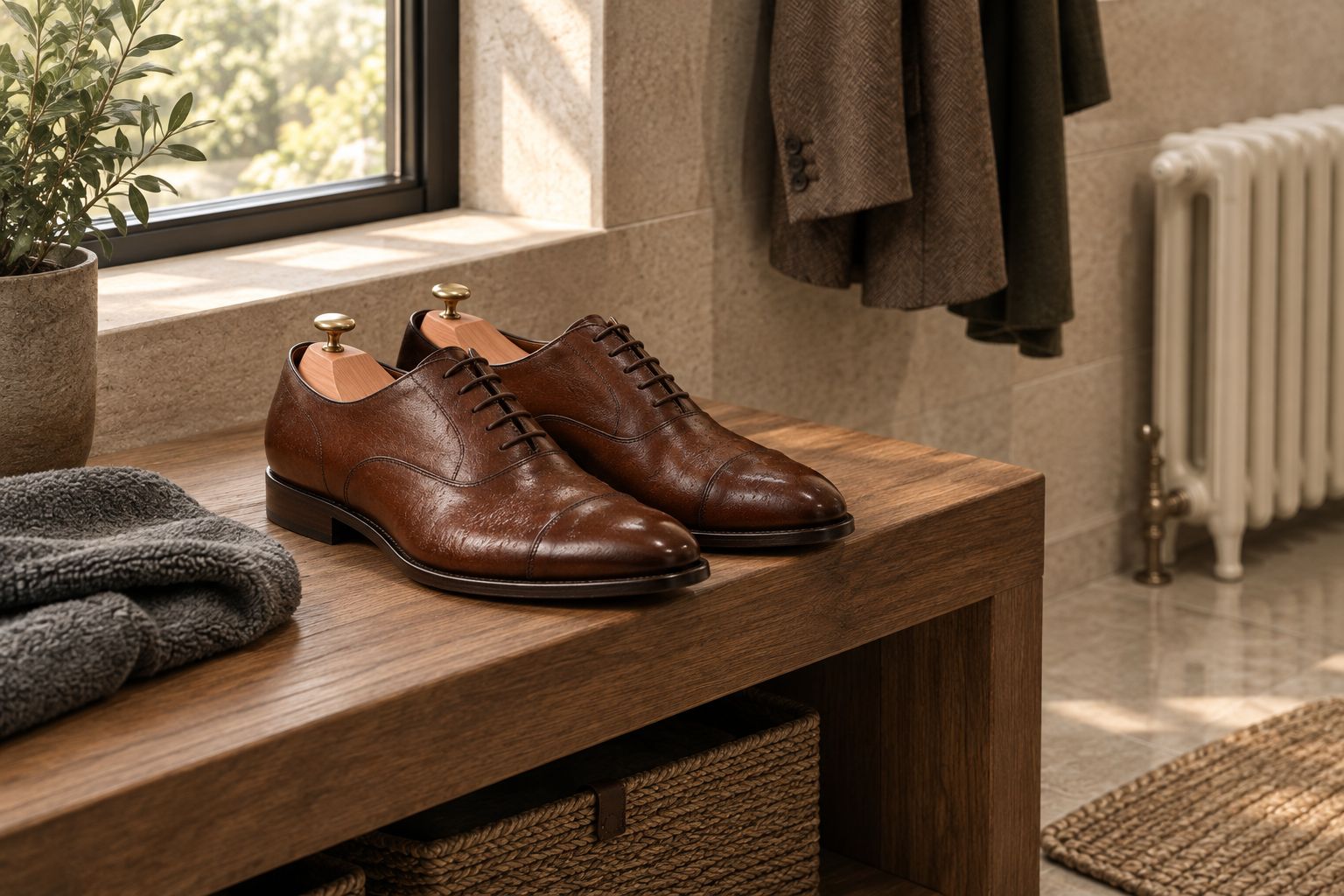 Leather dress shoes with cedar shoe trees drying away from a heat source